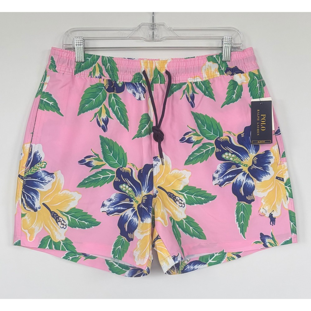 Polo Ralph Lauren Men's L Pink Hibiscus Floral Tropical Swim Trunks Slim Fit New